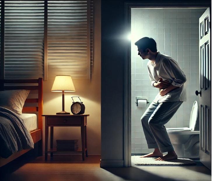 Middle-aged man standing in the bathroom at night holding his stomach after waking up to urinate